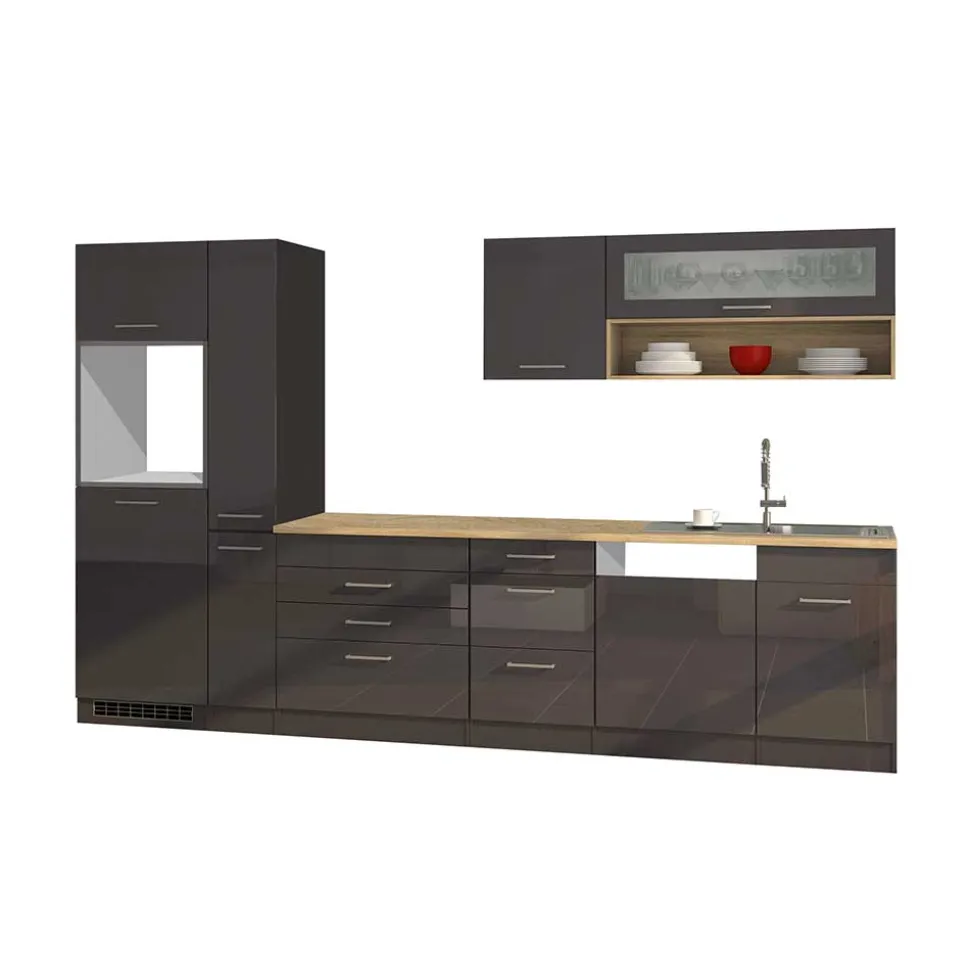 330 cm breite Küchenzeile in Dunkelgrau - Bozenia (neunteilig)