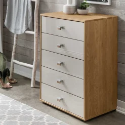 5 Schubladen Hochkommode mit Glasfront in Beige - Emdsiva I