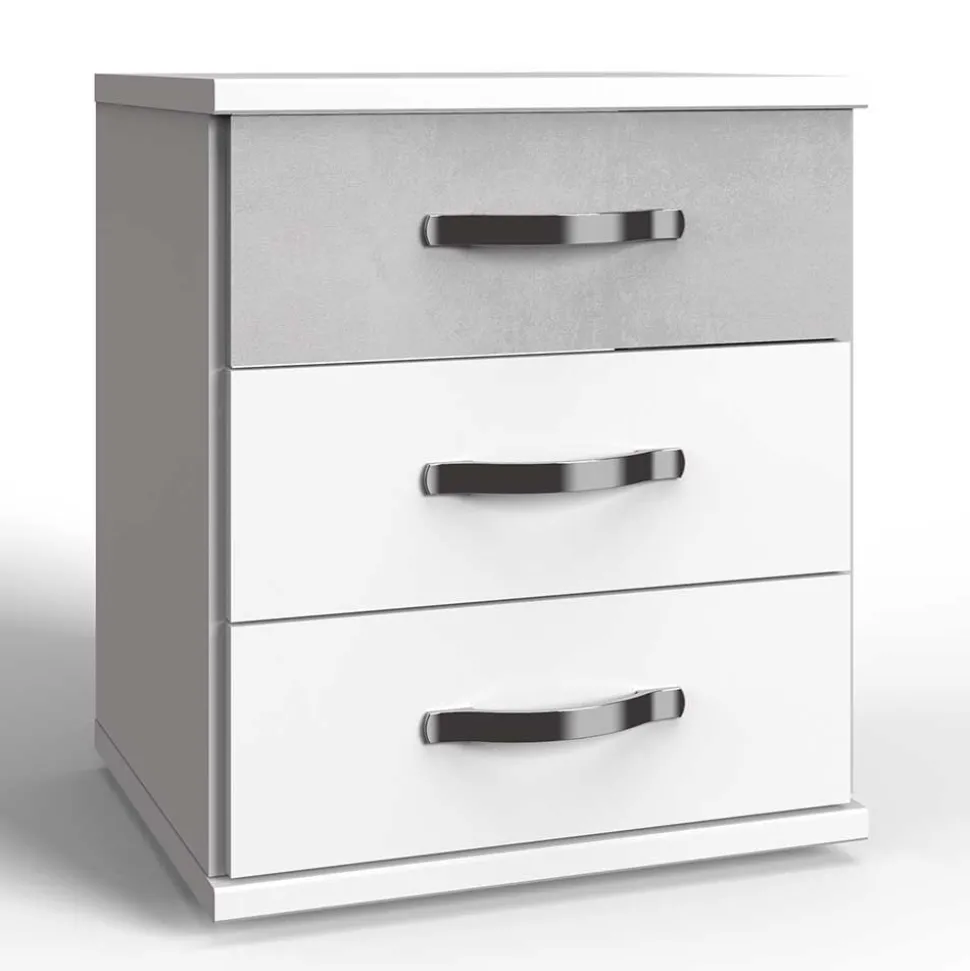 3 Schubladen Nachttisch in Weiß & Beton Optik - Hotti