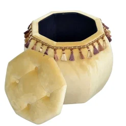 Achteckiger Hocker mit Samt in Beige & Troddeln - Trashing