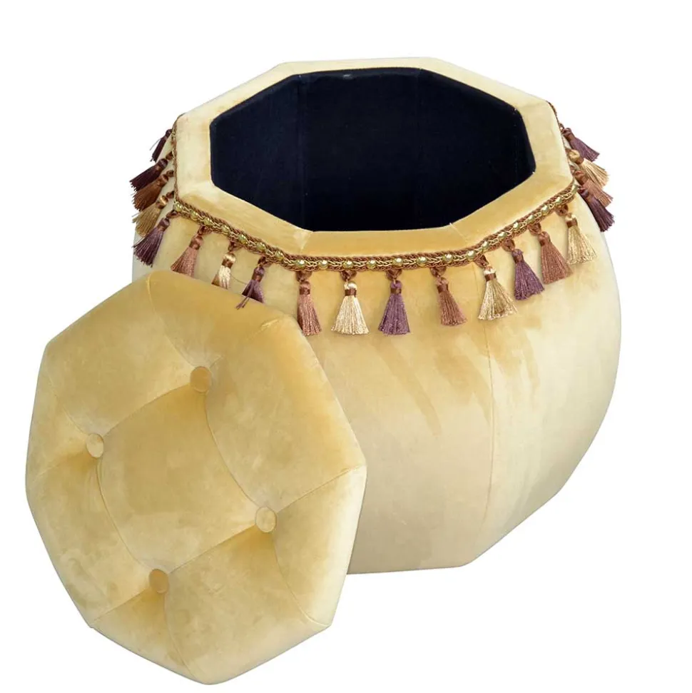 Achteckiger Hocker mit Samt in Beige & Troddeln - Trashing