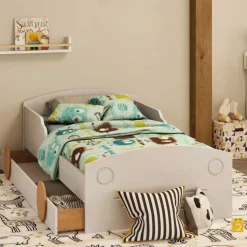 Autobett mit Bettkasten in Weiß und Kiefer - Vision