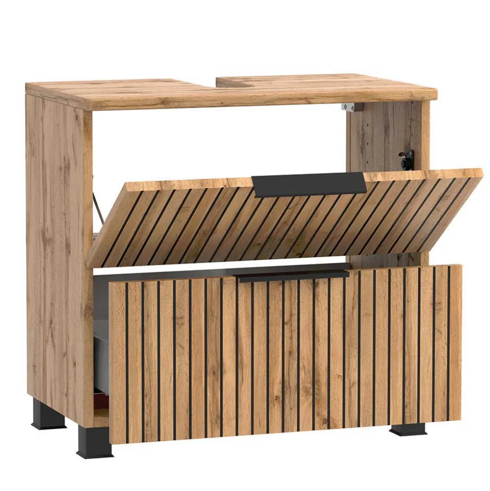 Badeinrichtung in Wildeiche mit Schwarz - Crystoga (vierteilig)