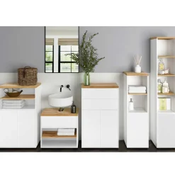 Badezimmer Hochschrank in Weiß mit Wildeiche - Alenta