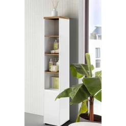 Badezimmer Hochschrank in Weiß mit Wildeiche - Alenta