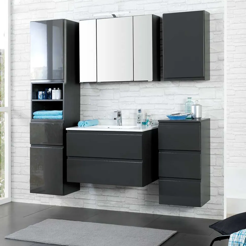 Badezimmer Möbelset Blaxin in Anthrazit Hochglanz (fünfteilig)