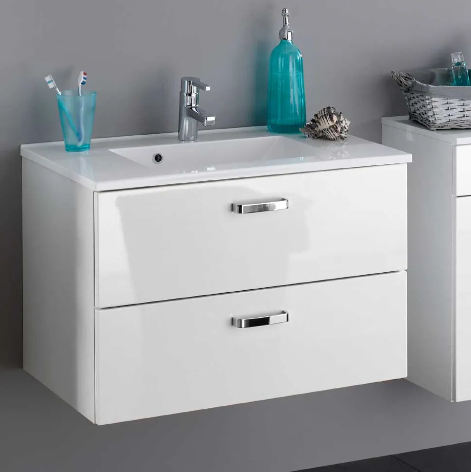 Badezimmer Set Sagunis in Weiß Hochglanz (fünfteilig)