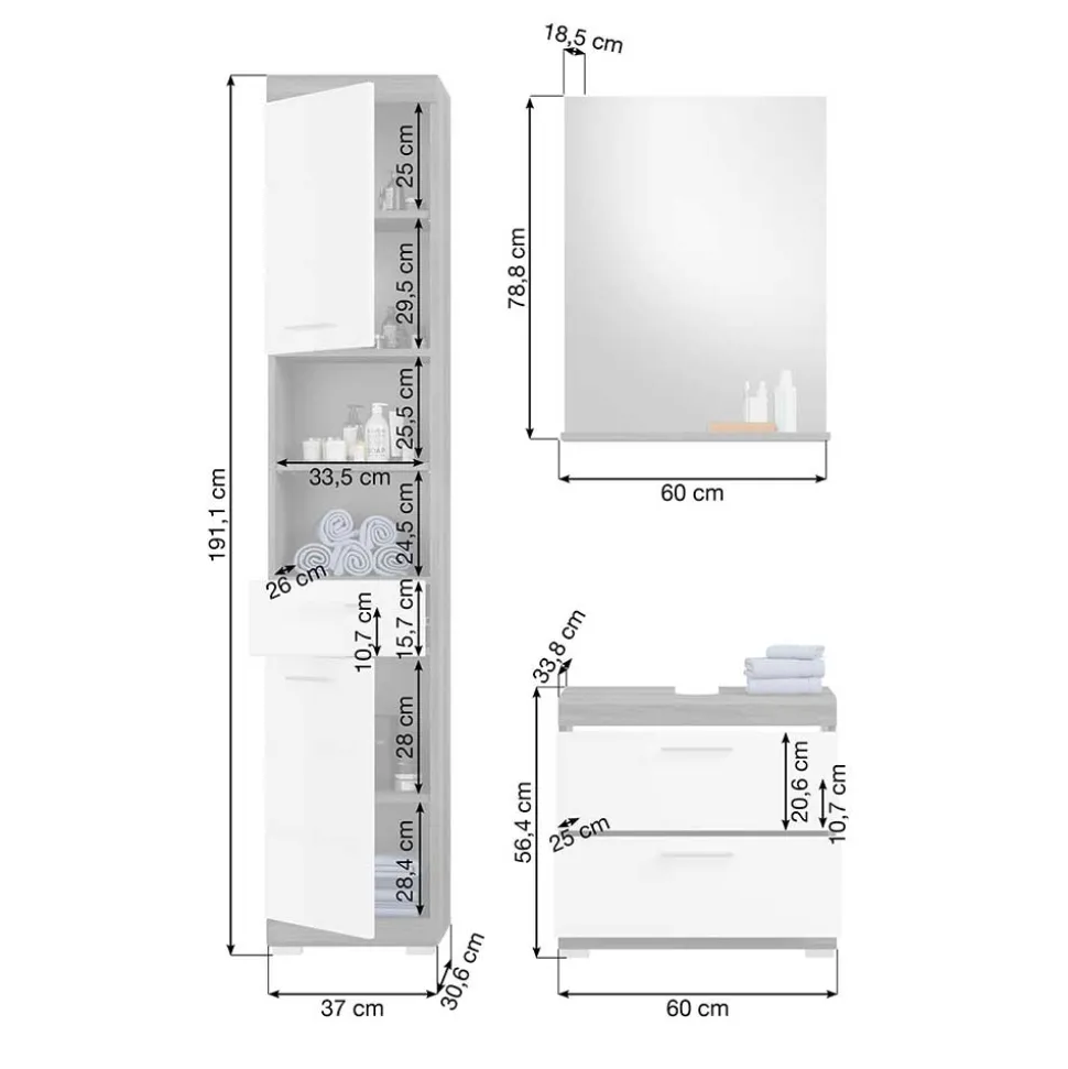 Badmöbel Hochschrank & Beckenschrank & Spiegel - Nancys (dreiteilig)