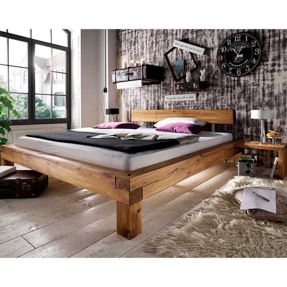 Balken-Doppelbett mit Nachttischen im Set Housten aus Wildeiche massiv (dreiteilig)