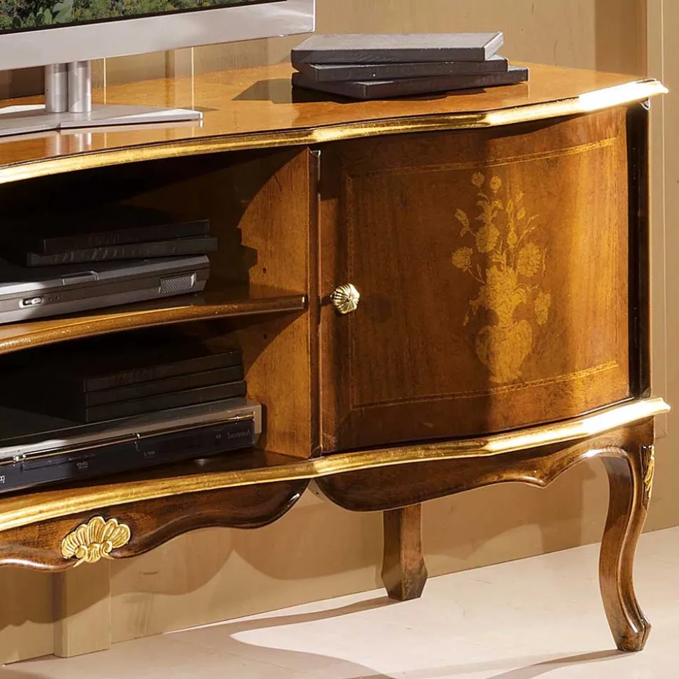 Barock TV Lowboard mit Blattgold Venerdina in Nussbaumfarben