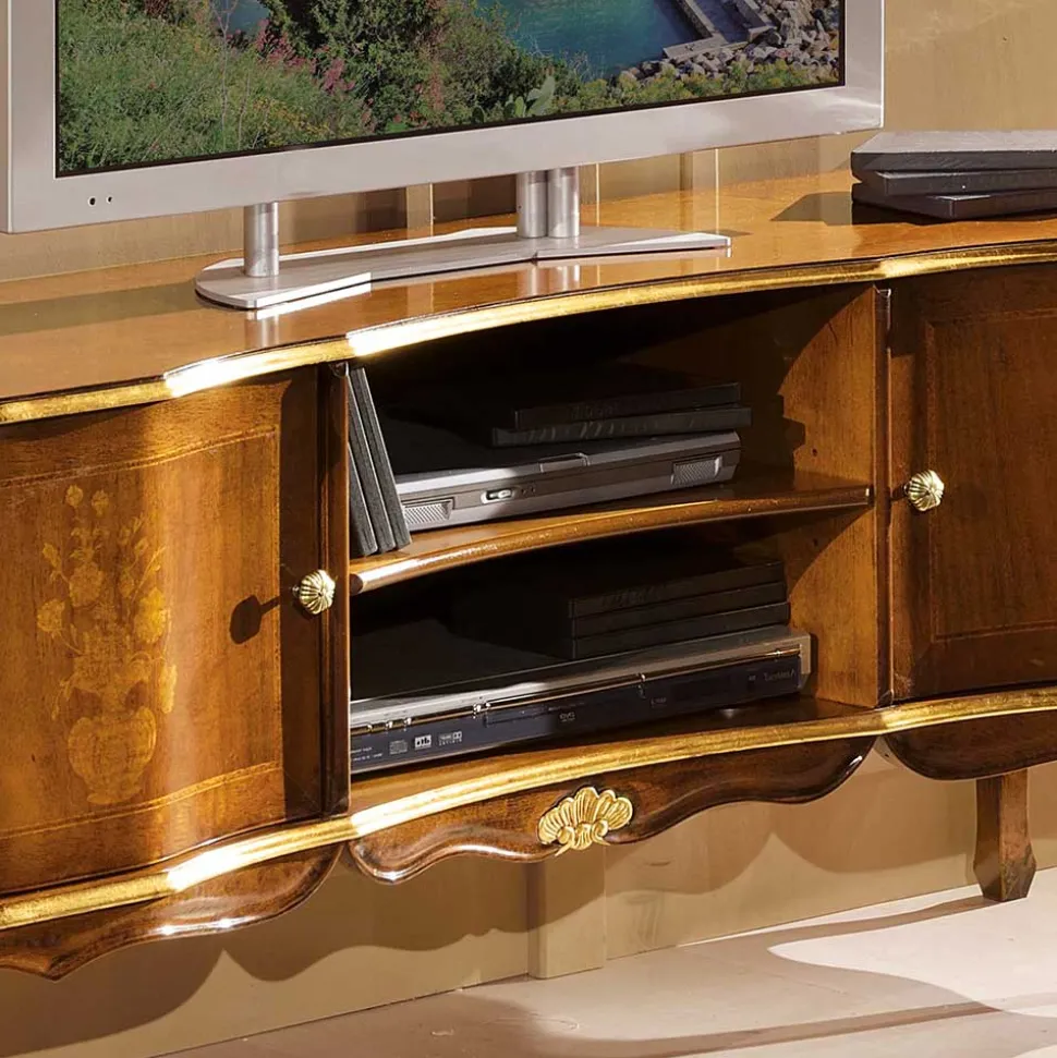 Barock TV Lowboard mit Blattgold Venerdina in Nussbaumfarben