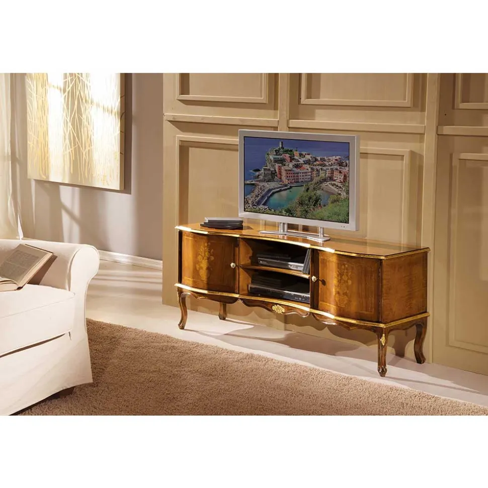 Barock TV Lowboard mit Blattgold Venerdina in Nussbaumfarben