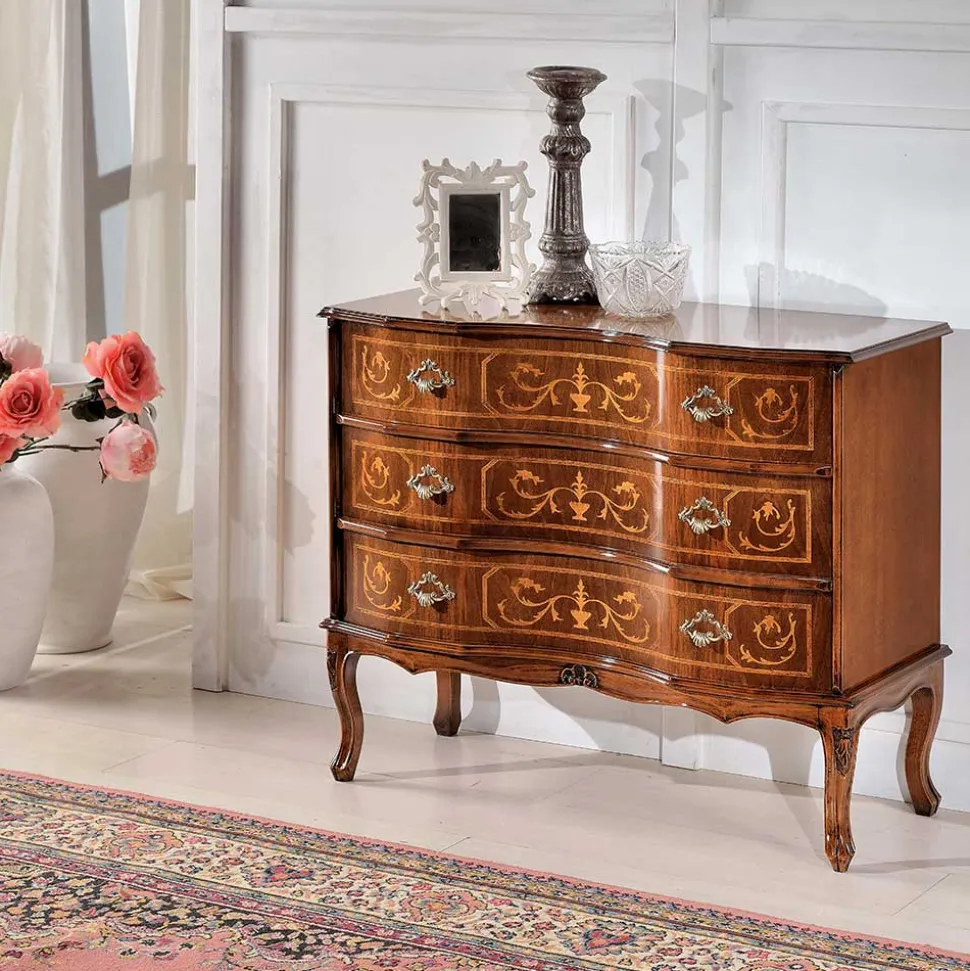 Barocke Kommode mit 3 Schubladen Agosto in Nussbaum