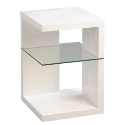 Beistelltisch in Weiß glänzend Salassos mit Extra-Ablage aus Glas