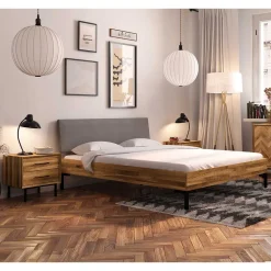 Bett mit Wildeiche Rahmen & Polsterkopfteil in Grau - Kerfa