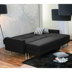 Bettsofa mit Hocker in Schwarz mit Chrom - Farella (zweiteilig)