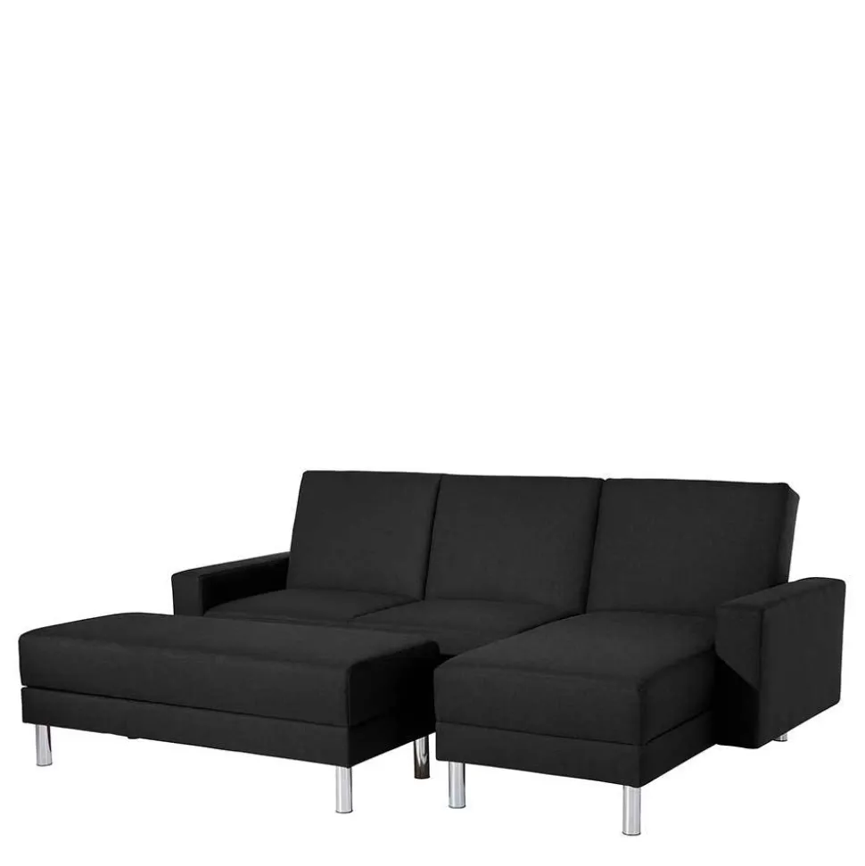 Bettsofa mit Hocker in Schwarz mit Chrom - Farella (zweiteilig)