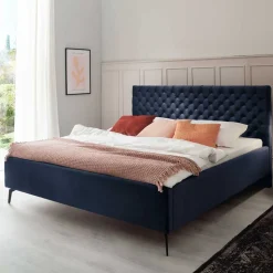 Blaues Stauraumbett mit Chesterfield Kopfteil - Lani