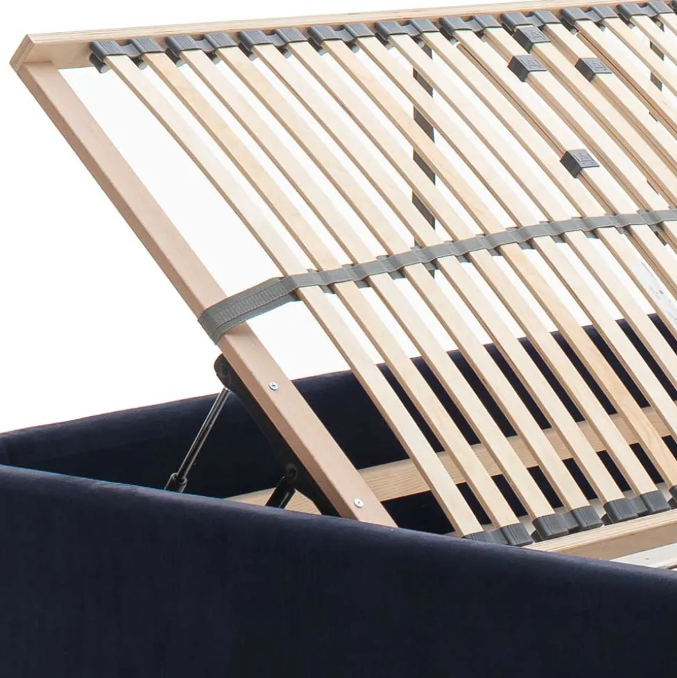 Blaues Stauraumbett mit Chesterfield Kopfteil - Lani