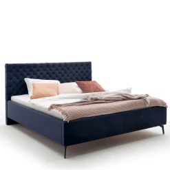 Blaues Stauraumbett mit Chesterfield Kopfteil - Lani