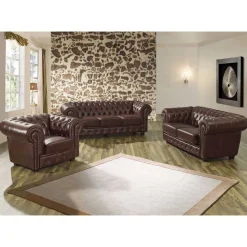Braune Polstergarnitur aus Echtleder - Pluna (dreiteilig)