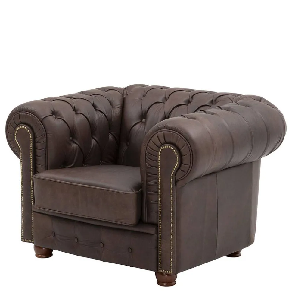 Brauner Chesterfieldsessel mit Lederbezug - Pluna