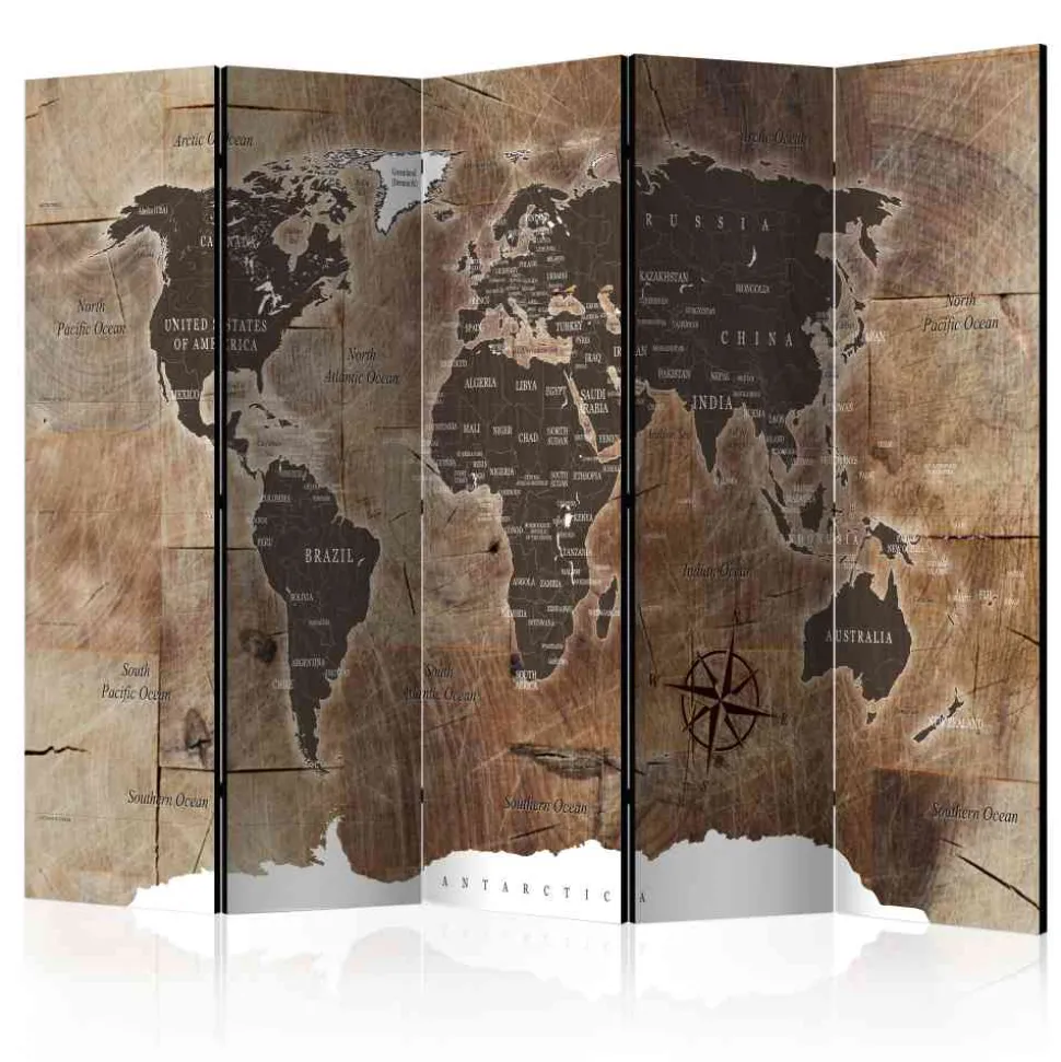 Brauner Design-Paravent Motiv Weltkarte - Lexiago