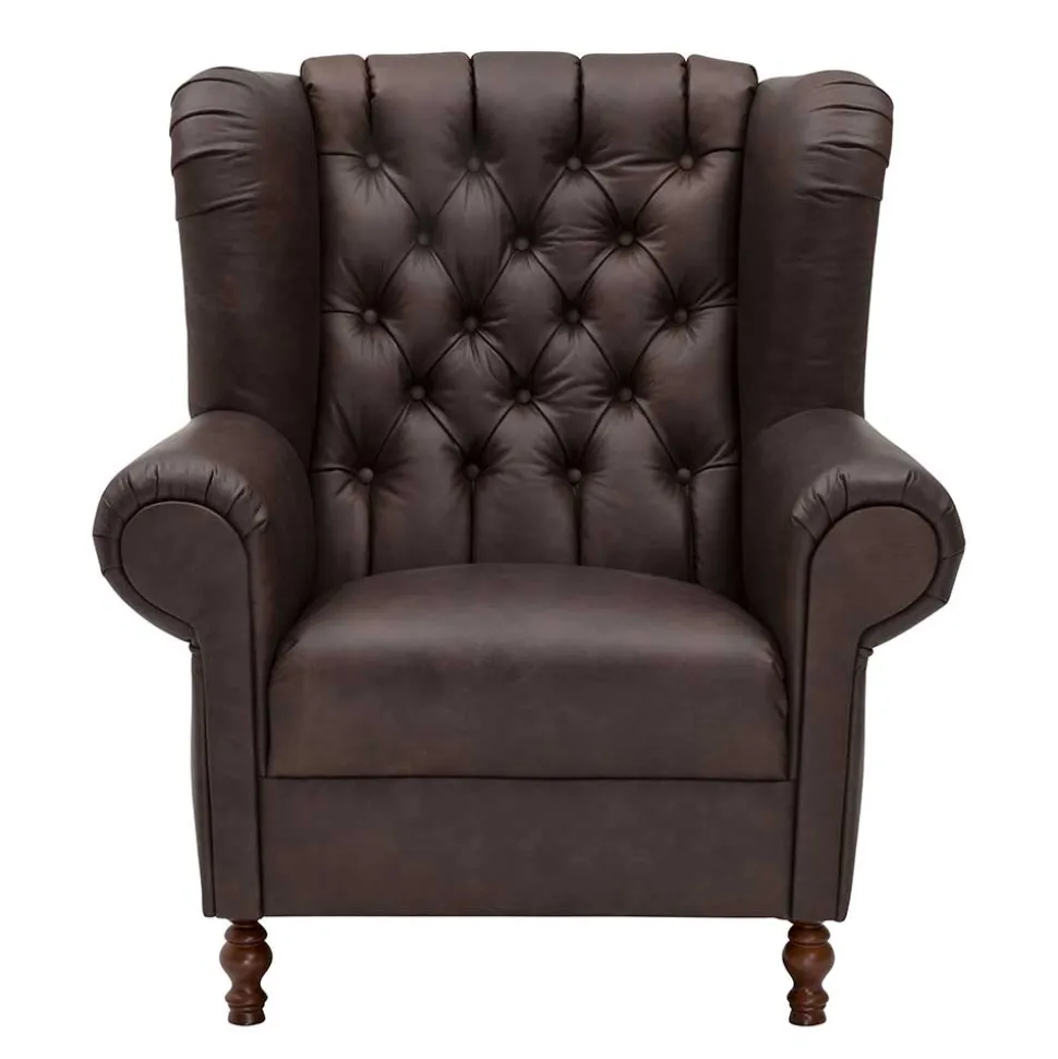 Brauner Federkernsessel mit Lederbezug - Chesterfield - Esmea
