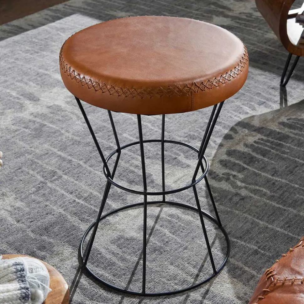 Brauner Lederhocker mit rundem Sitz - Cintago