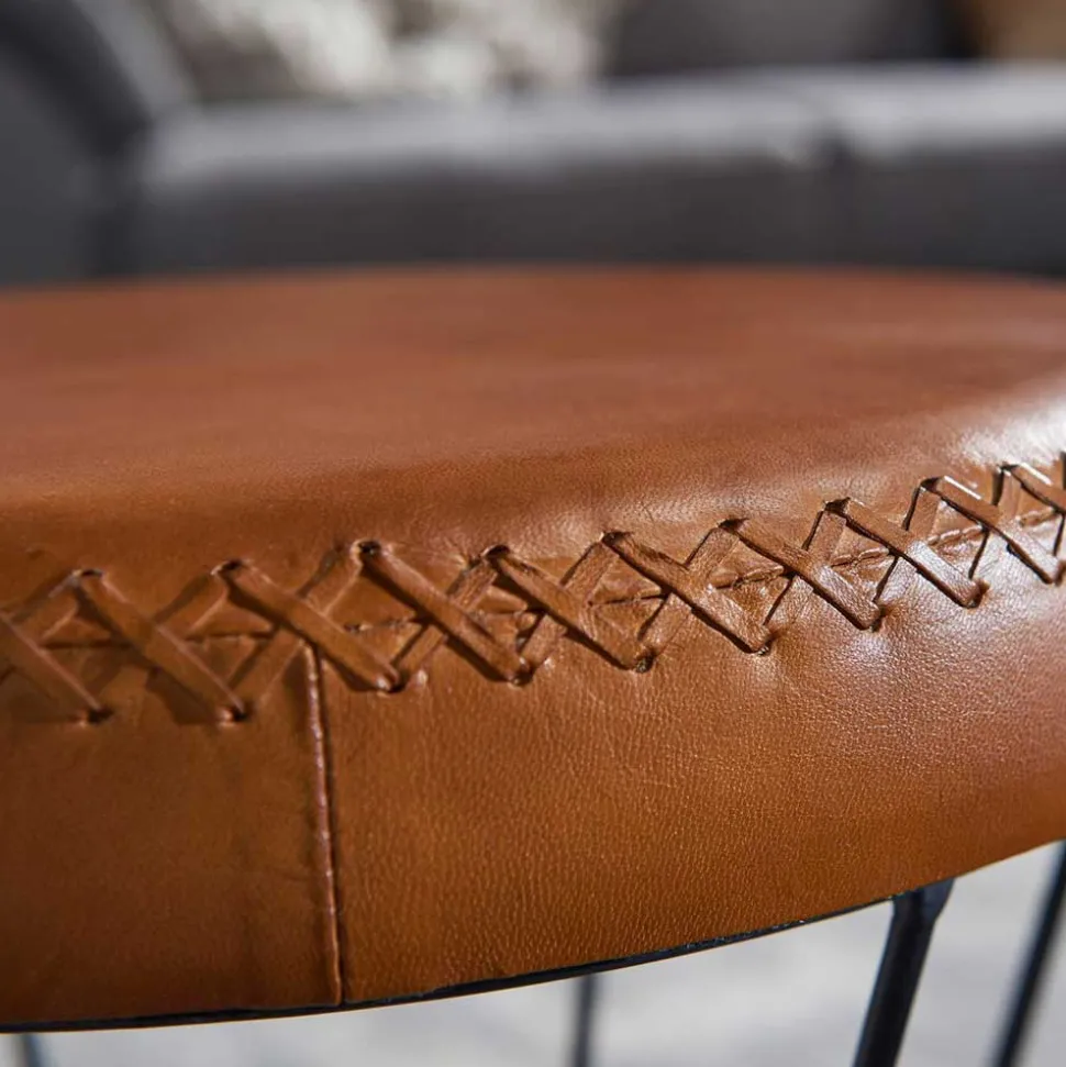 Brauner Lederhocker mit rundem Sitz - Cintago