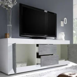 Breites TV Board in Weiß HG & Betonoptik - Narandu