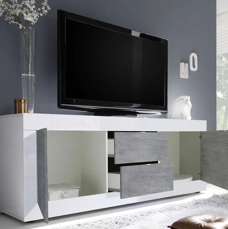 Breites TV Board in Weiß HG & Betonoptik - Narandu