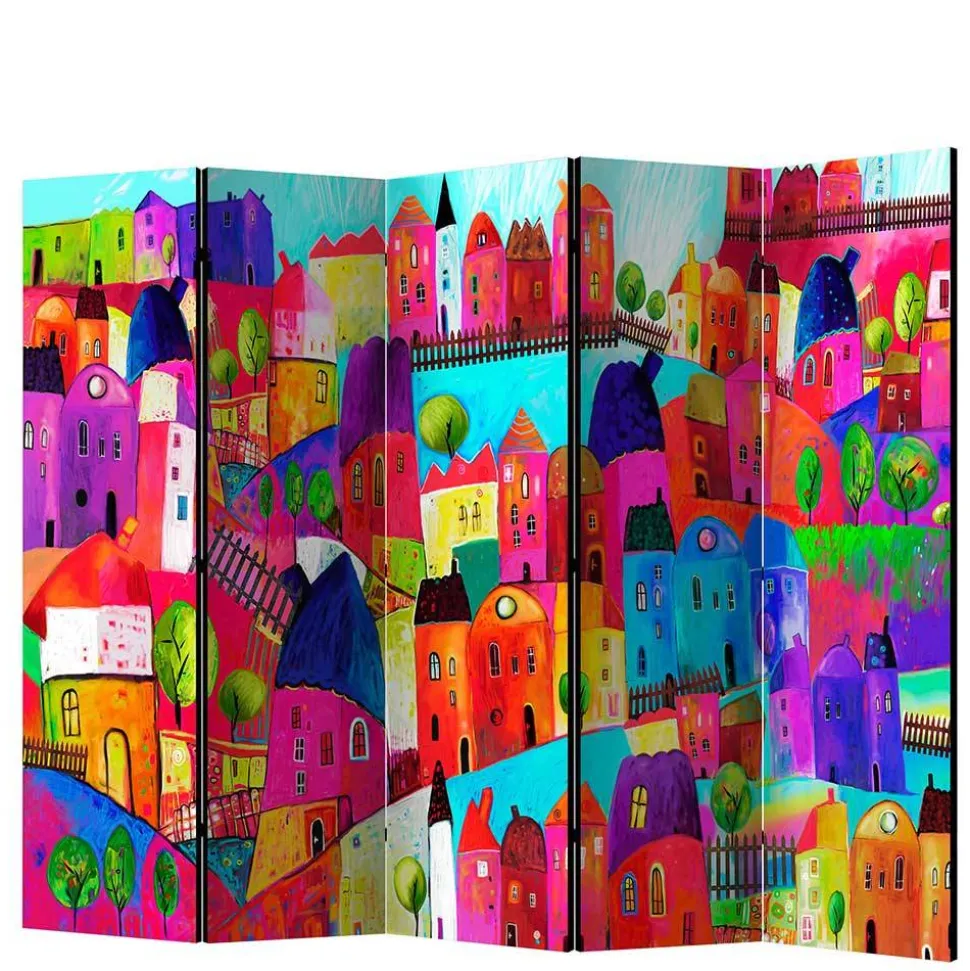 Bunt bedruckter Paravent mit Stadt Häusern Bäumen - Villa