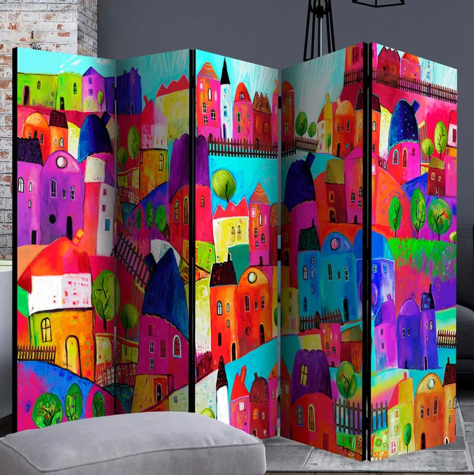 Bunt bedruckter Paravent mit Stadt Häusern Bäumen - Villa
