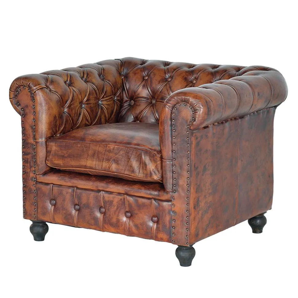 Chesterfield Sessel in Braun Lederbezug - Pavias