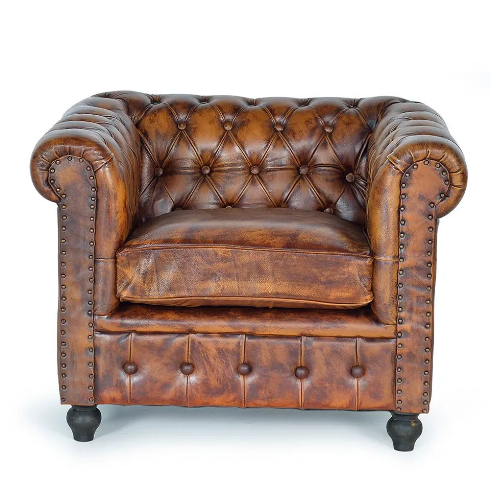 Chesterfield Sessel in Braun Lederbezug - Pavias