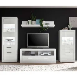 280cm breite Schrankwand in Weiß Hochglanz Yulis optional mit LED (vierteilig)