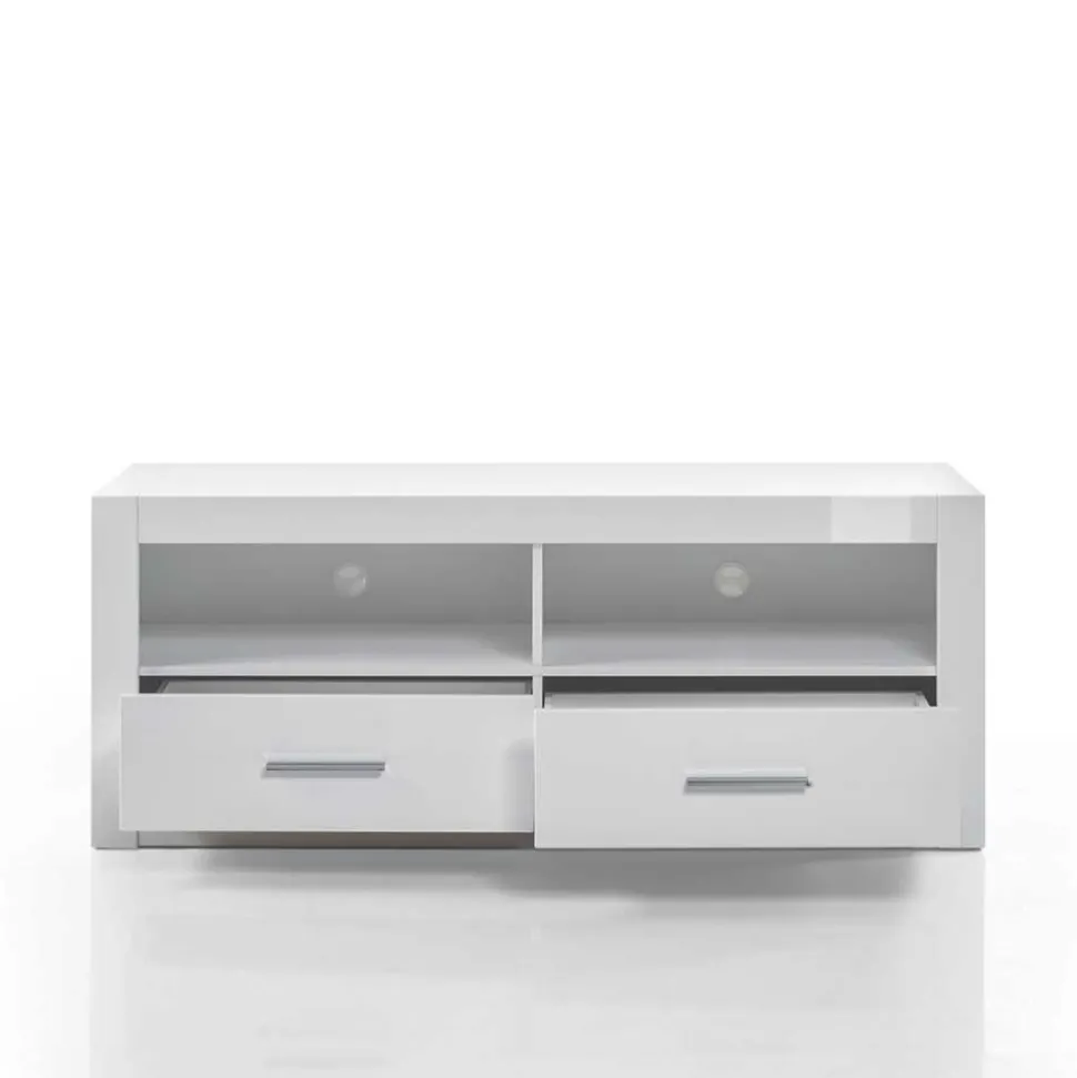 280cm breite Schrankwand in Weiß Hochglanz Yulis optional mit LED (vierteilig)