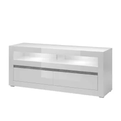 150cm breites TV Board in Hochglanz Weiß Mextra mit Beton Dekor