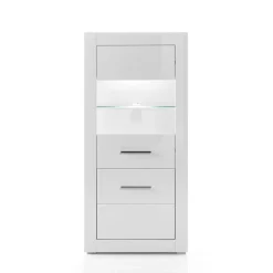 142cm hohe Vitrine in Hochglanz Weiß Yulis 2-türig mit Glaseinsatz