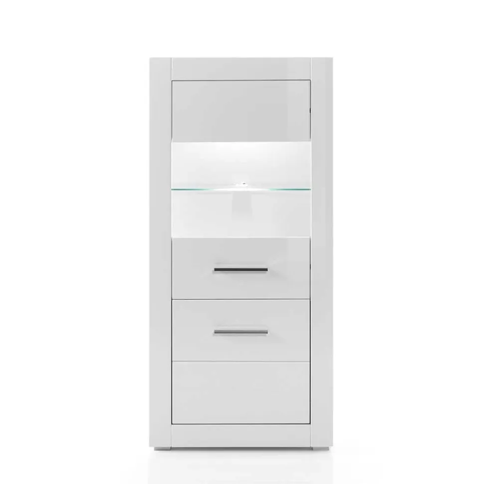 142cm hohe Vitrine in Hochglanz Weiß Yulis 2-türig mit Glaseinsatz