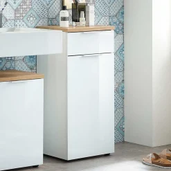86cm hoher Bad Schrank in Weiß & Eiche - Etosia I