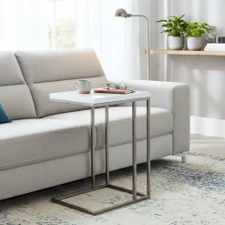 Design Beistelltisch mit weißer Platte Andino & Gestell Edelstahloptik