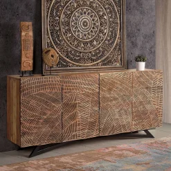 Design Sideboard aus Akazienholz mit Schnitzerei - Merlan