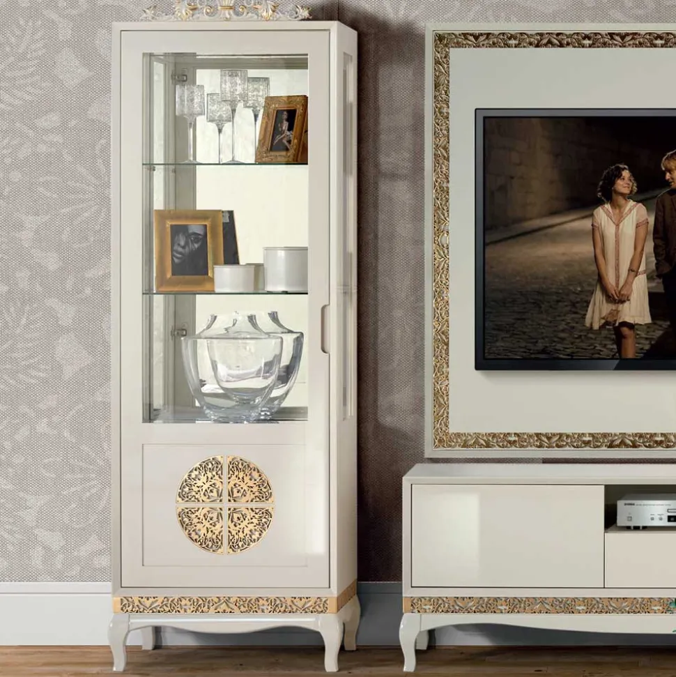 Design TV Wand in Weiß & Gold - Valganios (vierteilig)