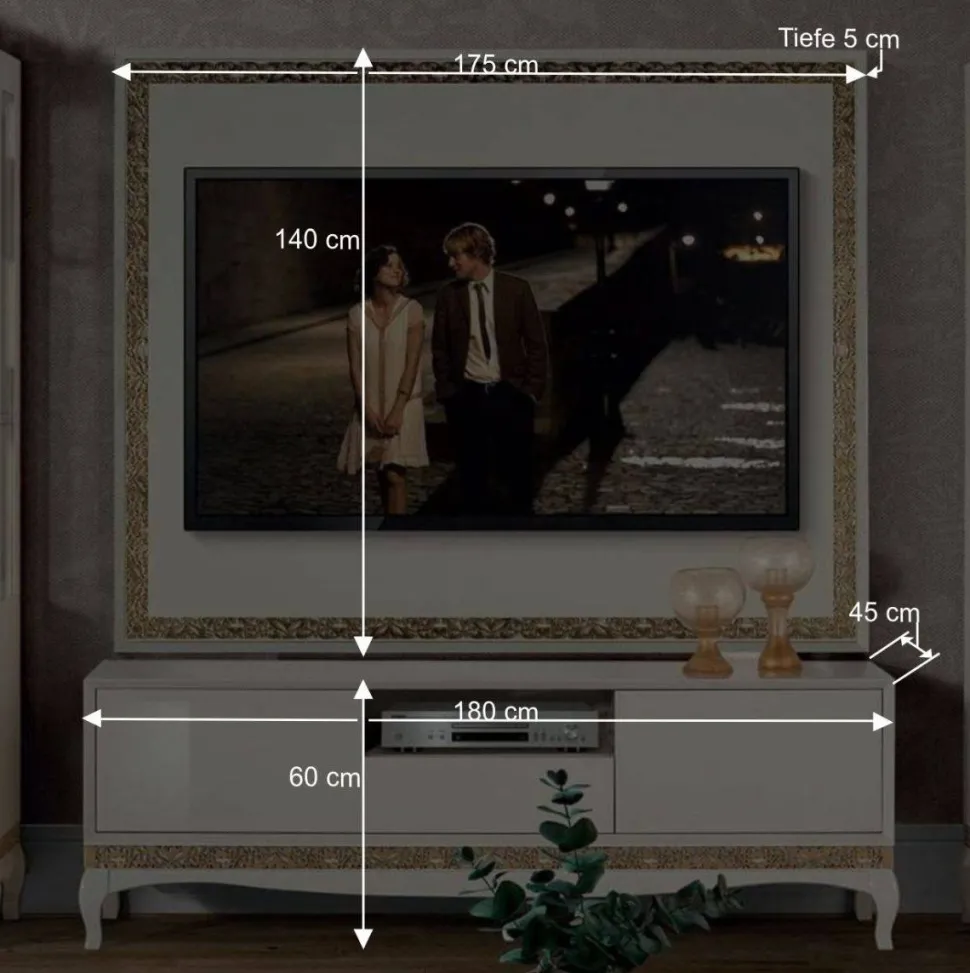 Design TV Wand in Weiß & Gold - Valganios (vierteilig)