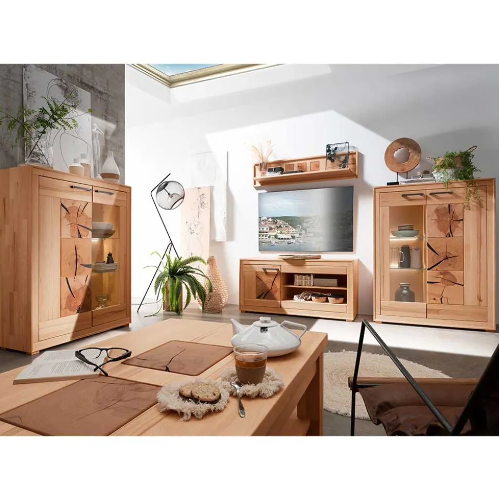 Designer Wohnwand aus massiver Kernbuche - Sarosca (vierteilig)