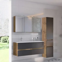 Doppelter Waschtisch mit Spiegelschrank - Athrin (dreiteilig)