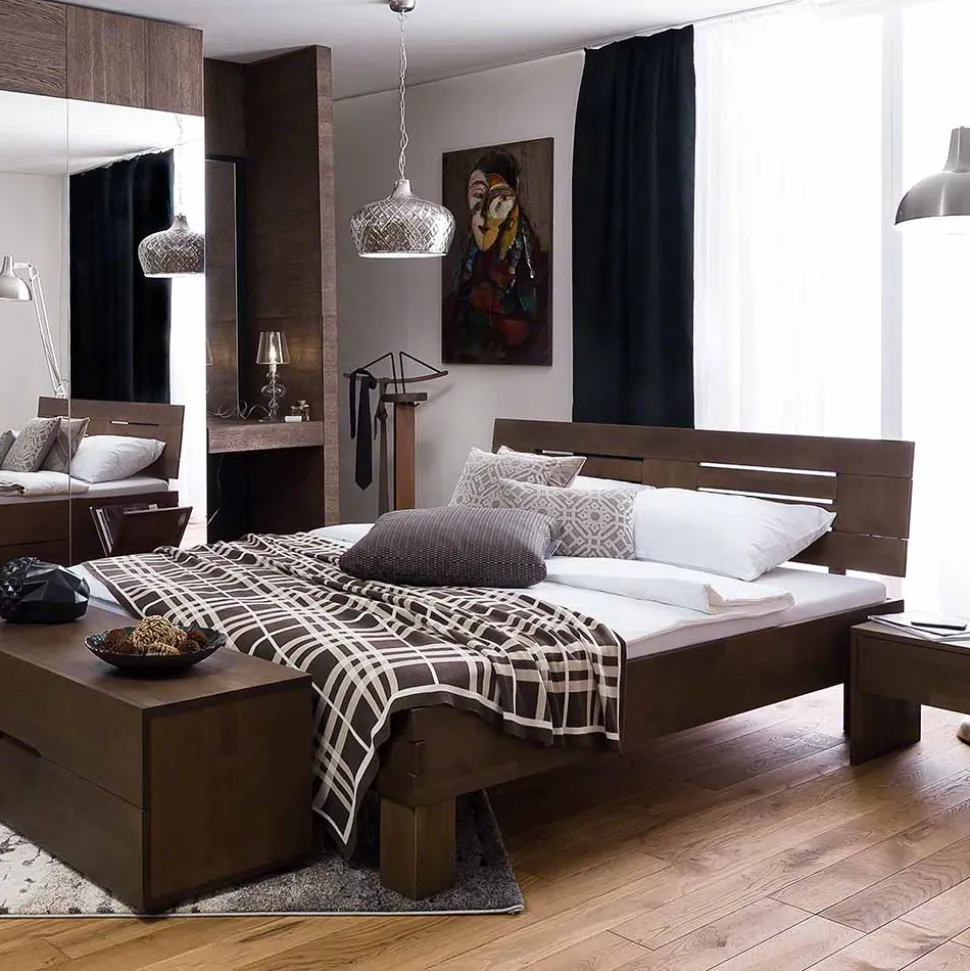 Dunkles Massivholz Bett Ceolata in Buche Wenge lackiert