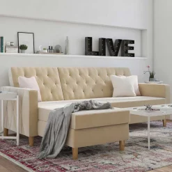 Ecksofa mit Bettfunktion in Creme Samt - Mikolos